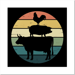 Retro Rainbow Stacked Farm Animals Cow Pig Rooster Posters and Art